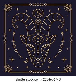 Capricornio zodiac astrológico horoscopio dorado signo tarjeta de la marina oscura. Símbolo estilizado de cabra de calendario astrológico esotérico, zodiacal, constelación de horóscopo ilustración vectorial de línea delgada