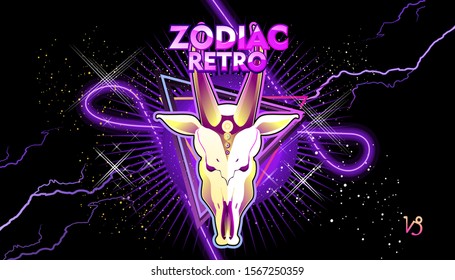 Capricorn zodiac Astrological horoscope, in retro style on a black background with neon luminous elements, sacred gothic symbols of the constellations, vector horizontal illustration