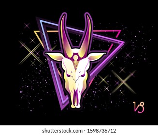 Capricorn zodiac Astrological horoscope, in retro style on a black background with neon luminous elements, sacred gothic symbols of the constellations, vector horizontal illustration