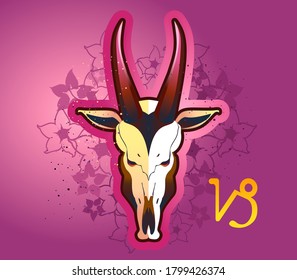 Capricorn zodiac astrological sign in round shape isolated on white background, in the Gothic style, horoscope with skulls, alchemy and occultism, vector illustration