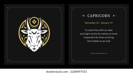 Capricorn zodiac Astrologie Symbol Mondkalender Daten mit Beschreibung schwarze Vintage Karte Design Vorlage Vektorgrafik. Horoskop-Hornziegencharakter antiquierter esoterischer Mythologie-Eindruck