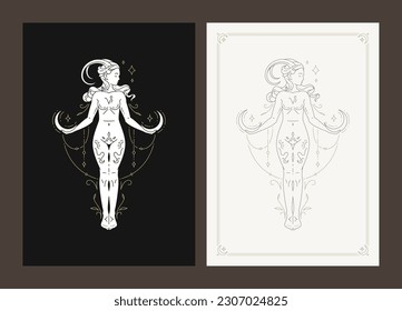 Capricorn zodiac astrology symbol myth antique woman goddess line art deco poster design set vector illustration. Horoscope astrological fashion artwork celestial constellation character lunar element