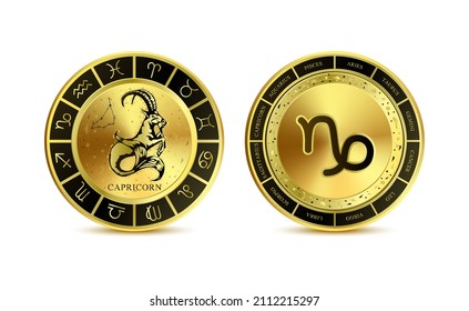 Capricorn zodiac coin isolated on a white background. Witchcraft astrology for zodiac constellations. Modern magic divination. Gold coins sign. Realistic 3D vector EPS10 illustration.