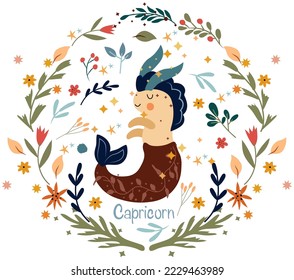 Capricorn Zodiac in a colorful wreath of leaves, flowers and stars around. Capricorn perfect for posters, logo, cards. Astrological Capricorn zodiac. Vector illustration