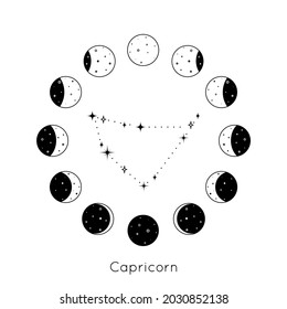 Capricorn zodiac constellation inside circular set of Moon phases. Black outline silhouette of stars. Vector illustration