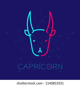 Capricorn Zodiac constellation logo icon outline stroke set dash line design illustration isolated on dark blue background with capricorn text and copy space