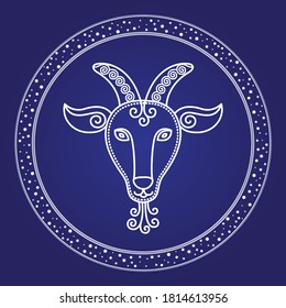 Capricorn zodiac constellation in starry circle isolated on blue color. Contour of space mystic character, element of birthday moth. Astrology card with outline of horns animal in round shape vector