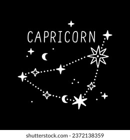 Capricorn zodiac constellation, white horoscope sign, elegant starry astrology icon. Magical astronomy illustration