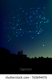 Capricorn zodiac constellations sign with forest landscape silhouette on beautiful starry sky with galaxy and space behind. Capricorn horoscope symbol constellation on deep cosmos background.