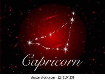 Capricorn zodiac constellations sign on beautiful starry sky with galaxy and space behind. Goat horoscope symbol constellation on deep cosmos background. vector red background 