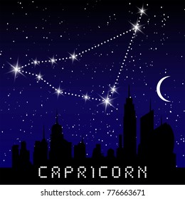 Capricorn zodiac constellations sign on beautiful starry sky with galaxy and space behind. Goat horoscope symbol constellation on deep cosmos background. vector