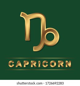 Capricorn zodiac golden vector sign with gold letters on the dark green background. Vector horoscope symbol for design