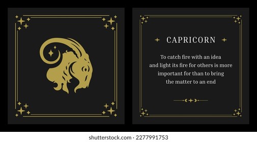 Capricorn zodiac golden vintage description black card design template set vector illustration. Astrology horoscope horned goat occult animal character celestial constellation future prediction decor