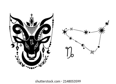 Capricorn zodiac hand drawn sign isolated clip art on white, unique astrology symbol and constellation, mystical horoscope sign in black silhouette, modern vector