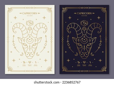 Capricorn zodiac horoscope golden signs on dark navy and white cards set. Stylized Goat symbols of esoteric, zodiacal astrological calendar, horoscope constellation n thin line vector illustration