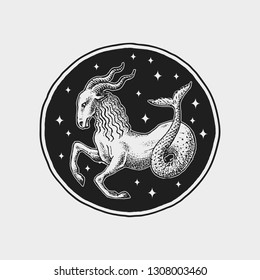 Capricorn Zodiac icon. Astrology horoscope with sign. Calendar template. Collection outline animals. Classic vintage style. Engraved hand drawn sketch.