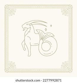 Capricorn zodiac mythology goat half fish line art deco antique astrology symbol vintage card design vector illustration. Horoscope character lunar calendar esoteric celestial constellation artwork