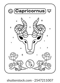 Capricornio es un signo del zodiaco. Cabeza de animal con cuernos. Postal Ilustración vectorial plana en línea blanca y negra. Eps10