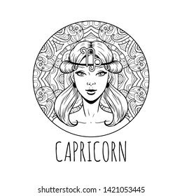 Capricorn zodiac sign artwork, adult coloring book page, beautiful horoscope symbol girl, vector illustration