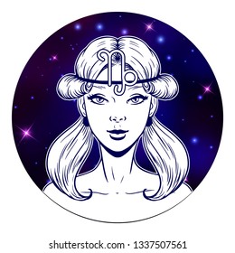 Capricorn zodiac sign artwork, beautiful girl face, horoscope symbol, star sign, vector illustration