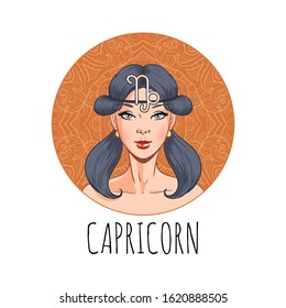 Capricorn zodiac sign artwork, beautiful girl face, horoscope symbol, star sign, vector illustration