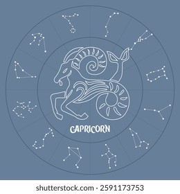 Capricorn zodiac sign in astrological circle with zodiac constellations, horoscope. Blue and white design