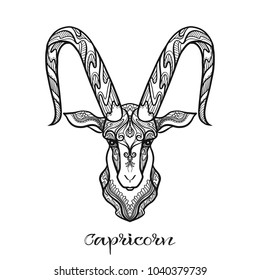 Capricorn Zodiac sign. Astrological horoscope collection. Outline vector illustration. Outline hand drawing coloring page for the adult coloring book. 