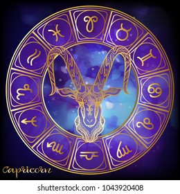 Capricorn Zodiac sign. Astrological horoscope collection. Gold on ultra violet space  background. Vector illustration