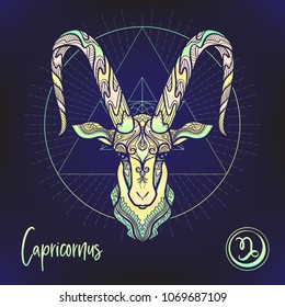 Capricorn Zodiac sign. Astrological horoscope collection. Multicolor on black dackground. Vector illustration