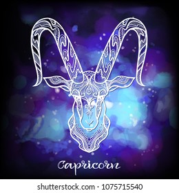 Capricorn Zodiac sign. Astrological horoscope collection. White on dark  blue and ultra violet space  background. Vector illustration