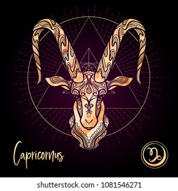 Capricorn Zodiac sign. Astrological horoscope collection. Rose gold on black dackground. Vector illustration