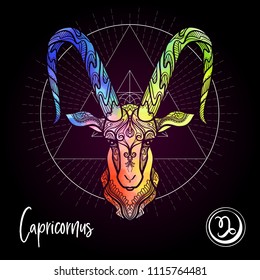 Capricorn Zodiac sign. Astrological horoscope collection. Multicolor on black dackground. Vector illustration