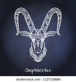 Capricorn Zodiac sign. Astrological horoscope collection. White on dark  blue, black space  background. Vector illustration