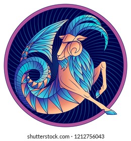 Capricorn zodiac sign, astrological, horoscope symbol. Futuristic style icon. Stylized graphic blue fantastic animal, deity of ancient Greece. Sea goat with fish tail, beard and big horns. Vector art