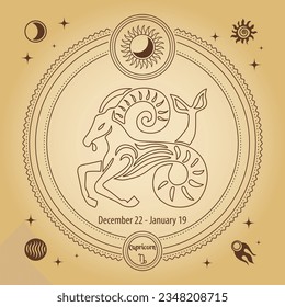 Capricorn zodiac sign, astrological horoscope sign. Outline drawing in a decorative circle with mystical astronomical symbols. Vector
