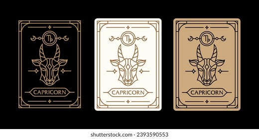 
Capricorn zodiac Schild Astrologie-Karten Set , Horoskop, Tarot, Wahrsager. Vintage-Skizze, handgezeichnet, magische esoterische Horoskop-Vorlagen für Wandplakate