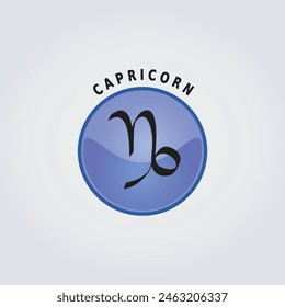 Capricorn Zodiac Sign Astrology Icon with Name on Light Background, Blue Color Button