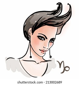 Capricorn zodiac sign as a beautiful girl. Ink and watercolor fashion vector illustration 