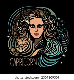 Capricorn Zodiac sign beautiful girl hand drawn vector color illustration on black background. Astrological contemporary symbol with magic female character. Modern design wall art, t-shirt, tattoo