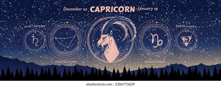 Capricorn zodiac sign, beautiful modern astrology banner on night landscape background, horoscope vector background. Realistic hand drawing, aesthetic vintage card, earth element.