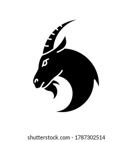 Capricorn zodiac sign black glyph icon. Astrology, horoscope goat silhouette symbol on white space. Domestic cattle, farmland livestock. Herbivore farm animal with horns vector isolated illustration