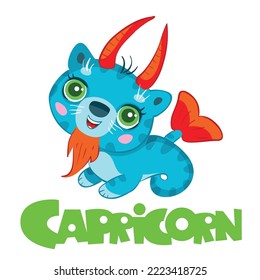 Capricorn zodiac sign, blue cat with doe horns, fish tail and goat beard, year of the cat, isolated object on white background, cartoon illustration, vector, eps