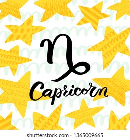 Capricorn zodiac sign with brush lettering and cute star background. Handwritten typography. Horoscope sign. Ready-to-print design template. Clothes badge,icon,logo,banner,tag. Vector illustration.