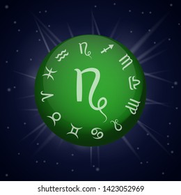 Capricorn zodiac sign. Capricornus horoscope. Vector illustration banner. Outer space background. Earth Element