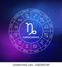 Capricorn zodiac sign. Zodiac circle on a dark blue background of the space. Astrology. Cosmogram. twelve signs of the zodiac. Vector illustration