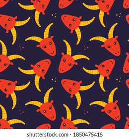 Capricorn zodiac sign colorful cartoon style vector seamless pattern background.
