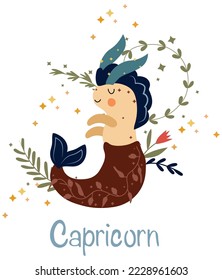 Capricorn Zodiac Schild mit bunten Blättern und Sternen rund. Capricorn perfekt für Poster, Logo, Karten. Astrologischer Capricorn-Zodiac. Vektorgrafik.