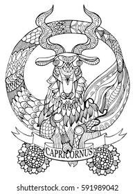 Ilustración vectorial del libro de colorantes de signos de zodiaco de Capricornio. Lápiz de tatuaje. Líneas en blanco y negro. Patrón de encaje