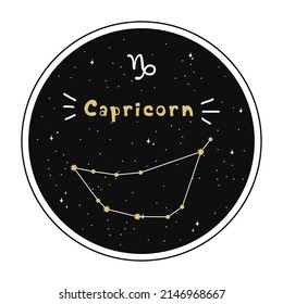 Capricorn. Zodiac sign and constellation in a circle. Set of zodiac signs in doodle style, hand drawn.
