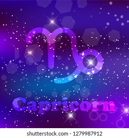 Capricorn Zodiac sign and constellation on cosmic background with glowing stars and nebula. Vector illustration, banner, poster, goat card. Space, astrology, horoscope, astronomy, fantasy design.